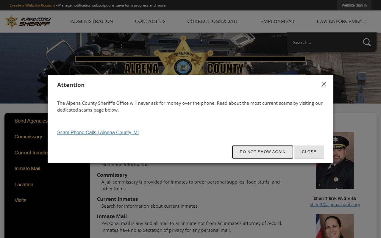 Alpena County Jail Information page with 24 hour booking inmate search