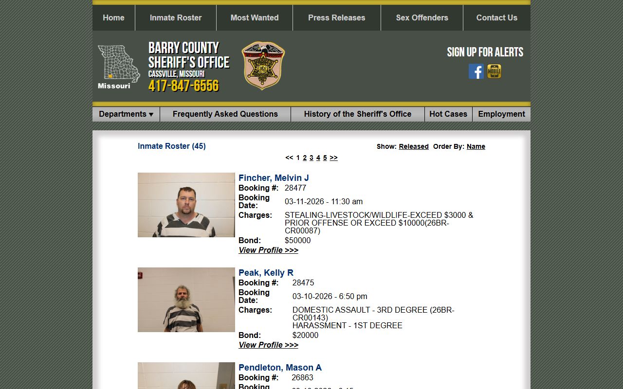 Barry County jail roster showing 24 hour booking inmate listings