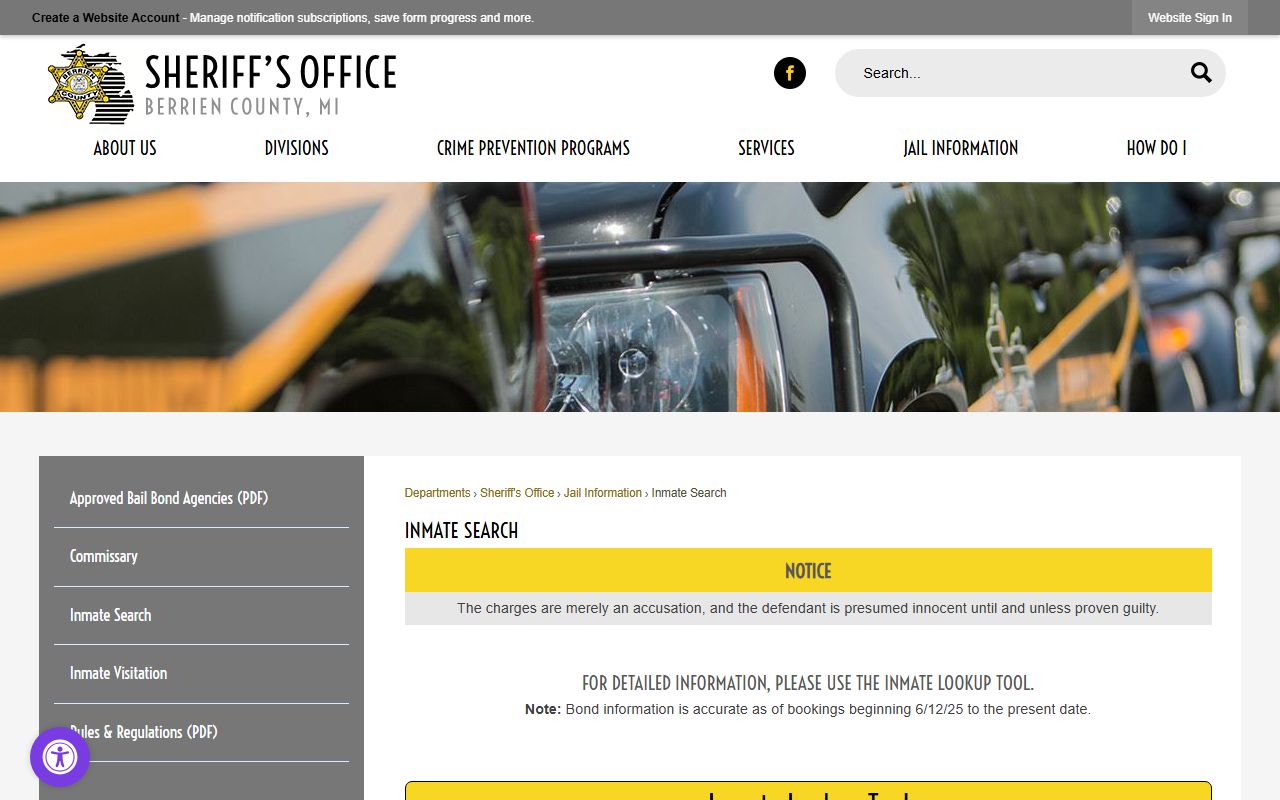 Berrien County inmate search page for 24 hour booking records