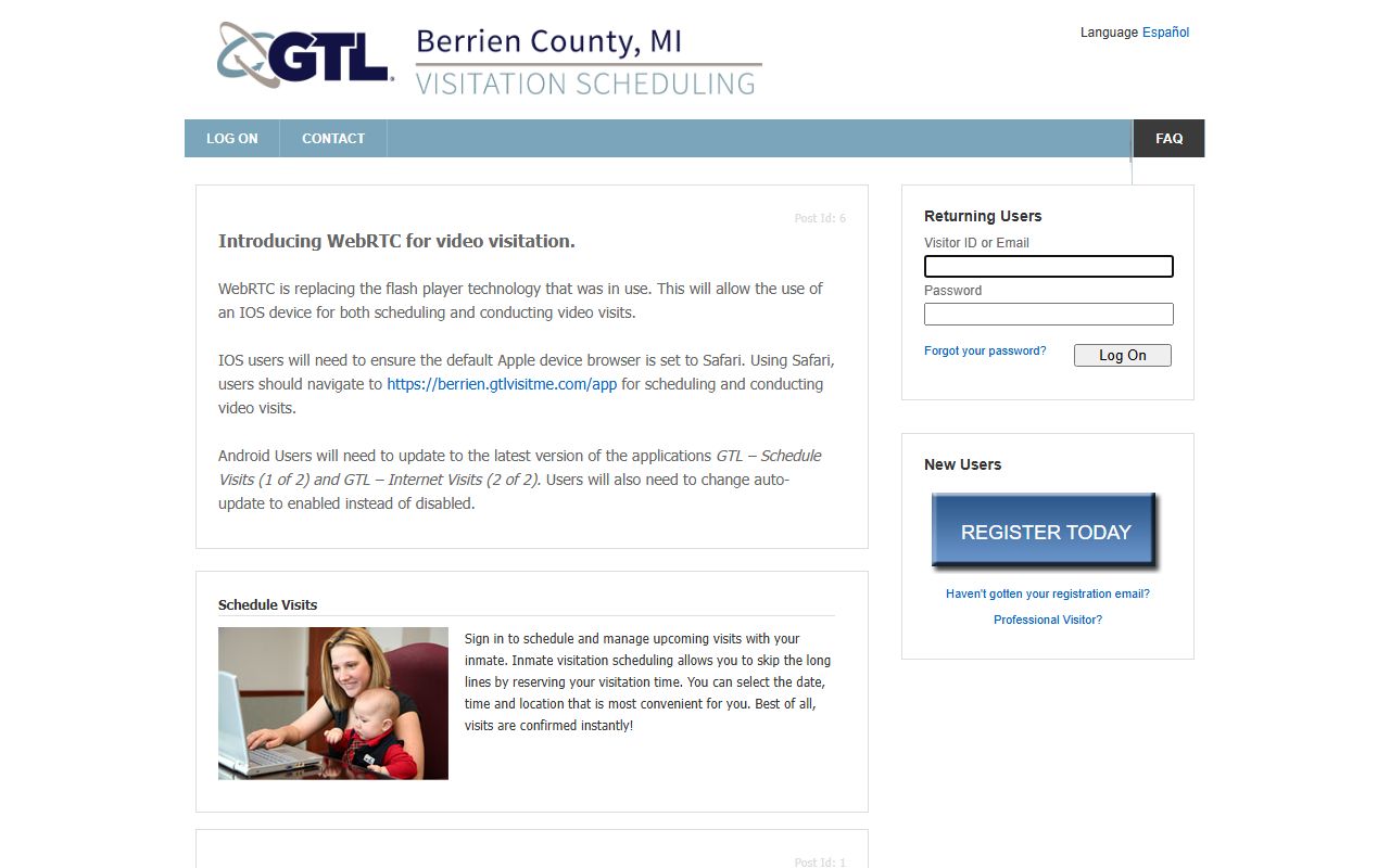 Berrien County GTL visitation scheduling for jail inmates after booking