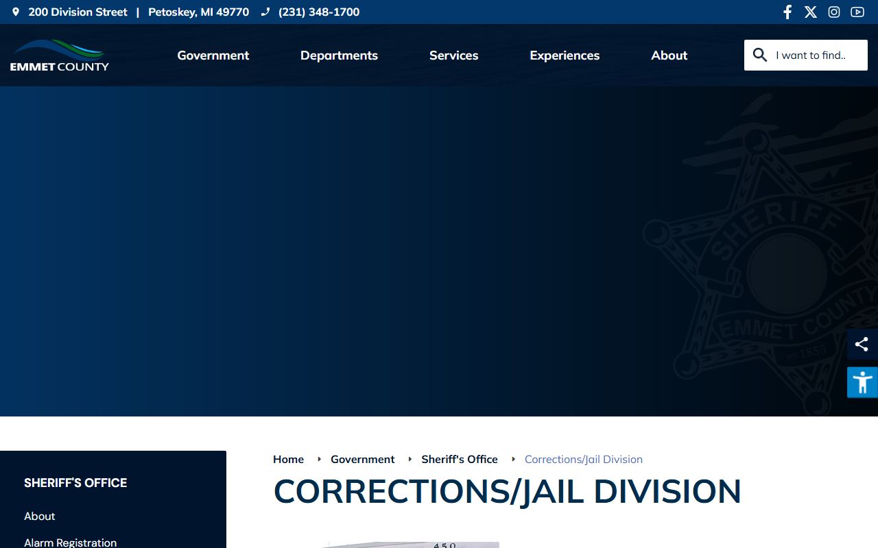Emmet County corrections division page with 24 hour booking details