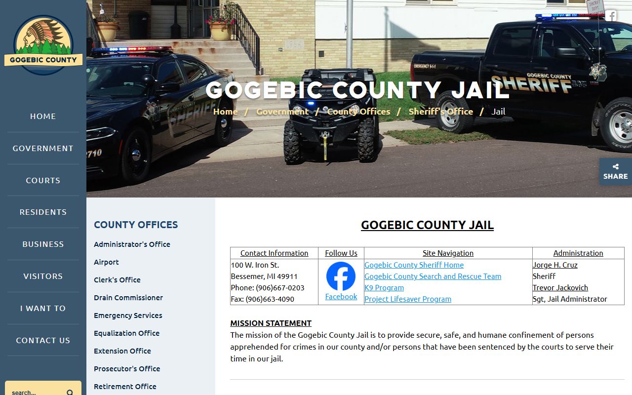 Gogebic County jail page with 24 hour booking details and contact info