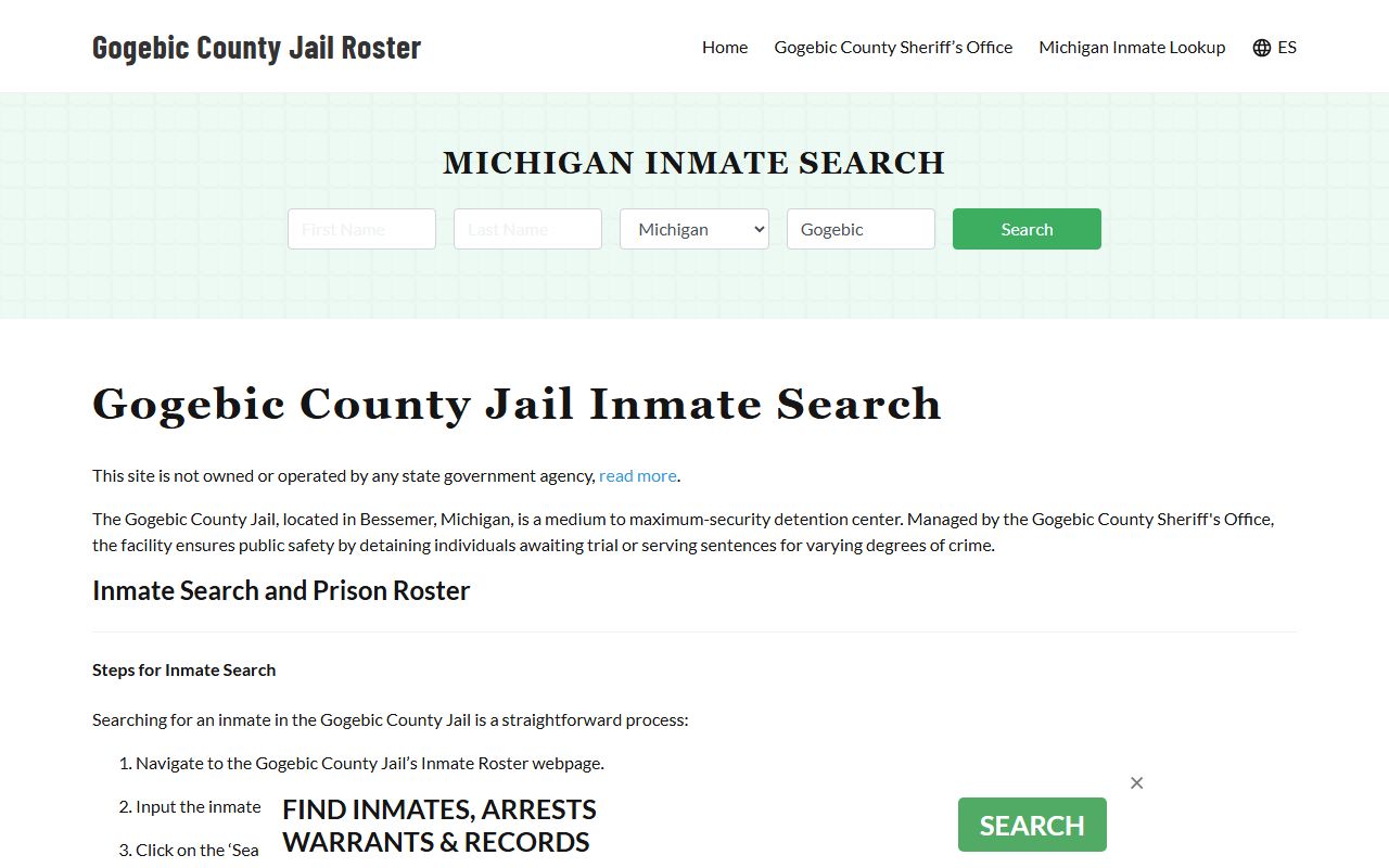 Gogebic County Jail roster website showing current booking records