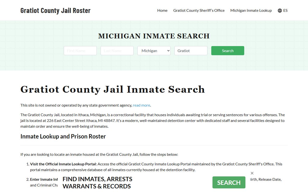Gratiot County Jail roster website showing 24 hour booking mugshots
