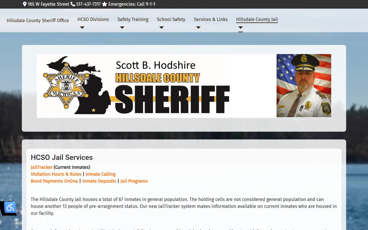 Hillsdale County jail services page with JailTracker for 24 hour booking