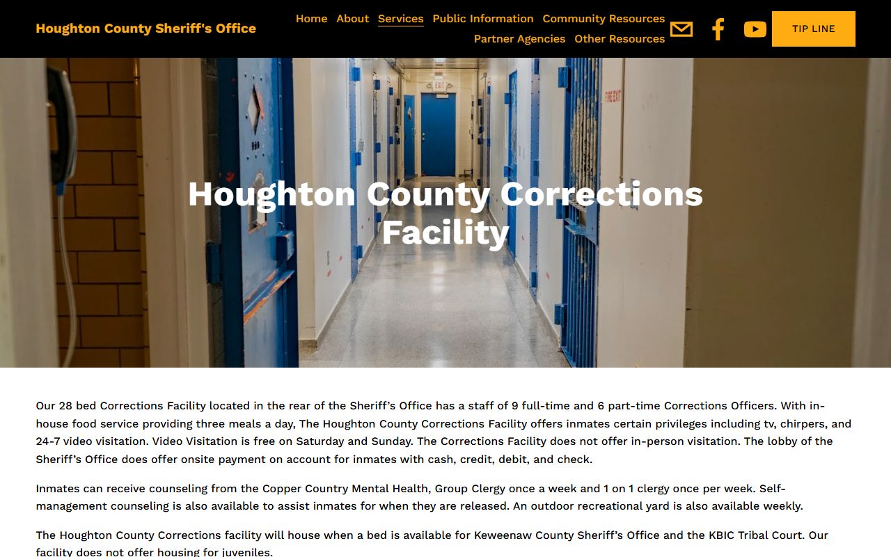 Houghton County corrections page with 24 hour booking facility details
