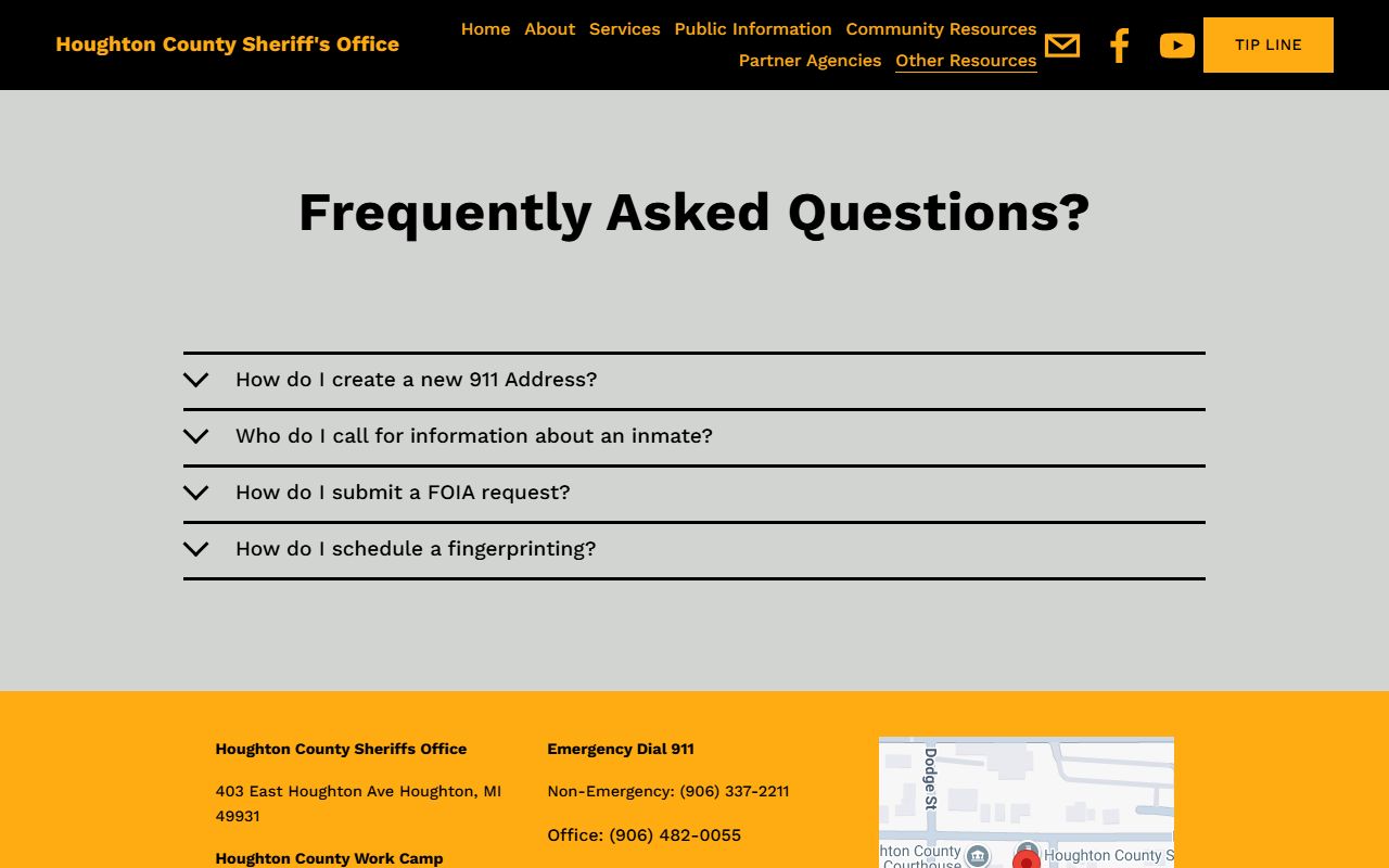 Houghton County Sheriff FAQ page with booking and jail questions