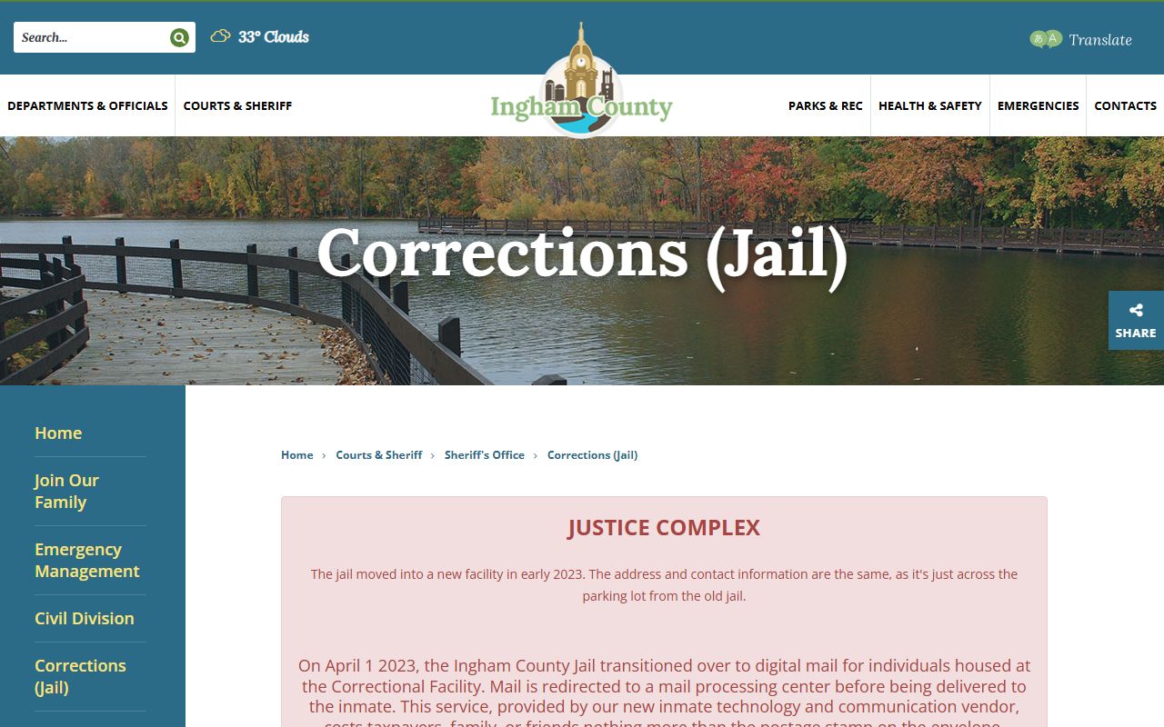 Ingham County corrections page with 24 hour booking and jail details