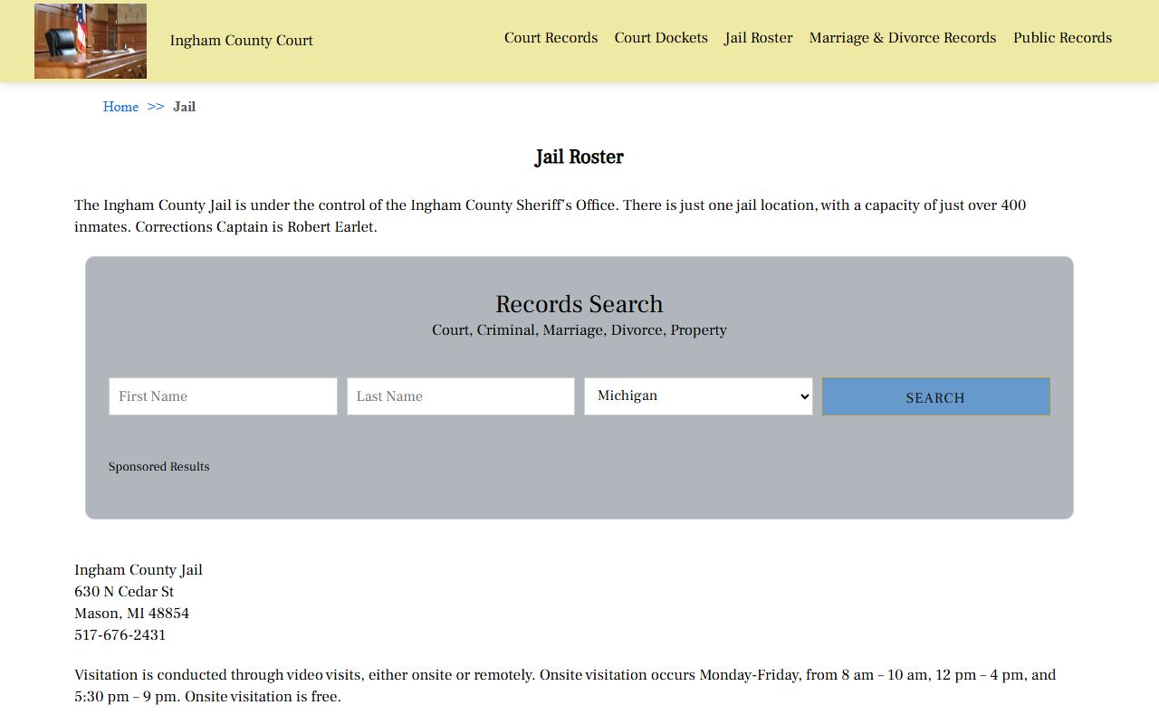 Ingham County Court jail roster showing current 24 hour booking records