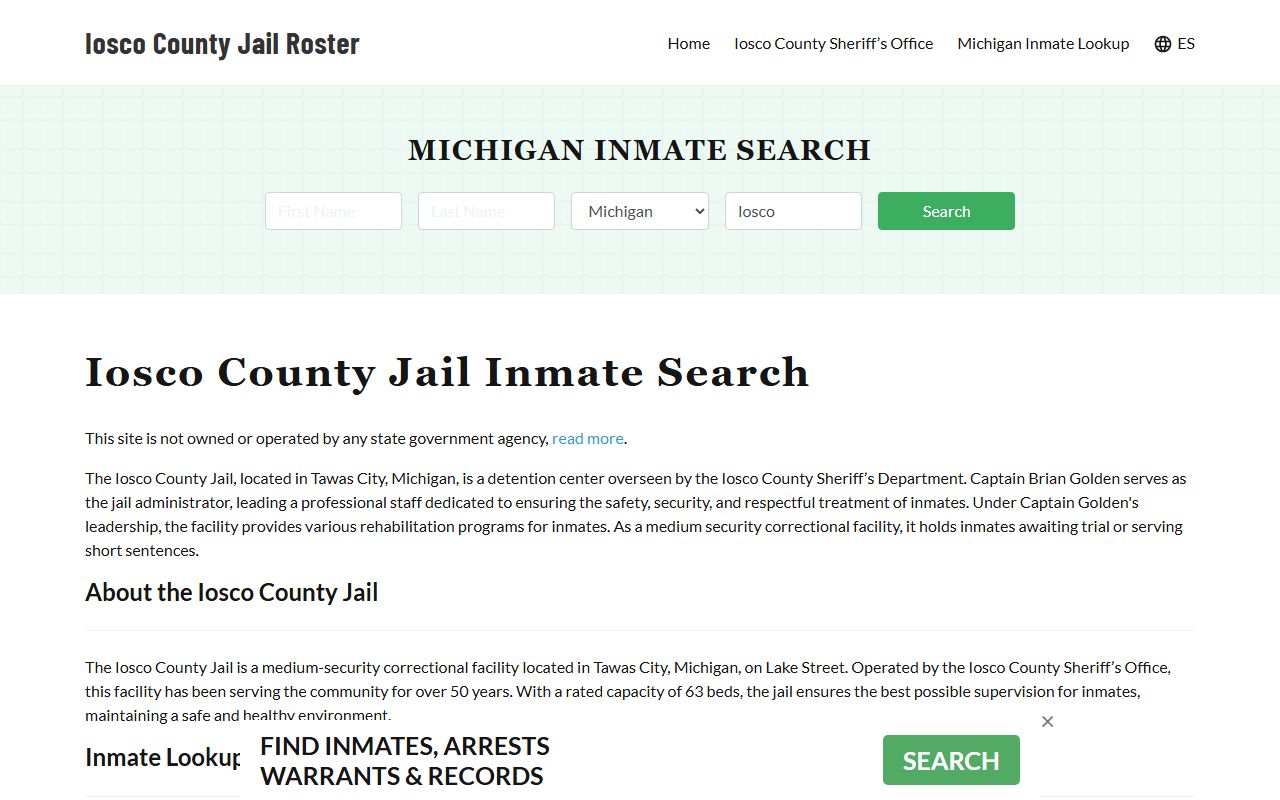 Iosco County Jail roster page for 24 hour booking searches