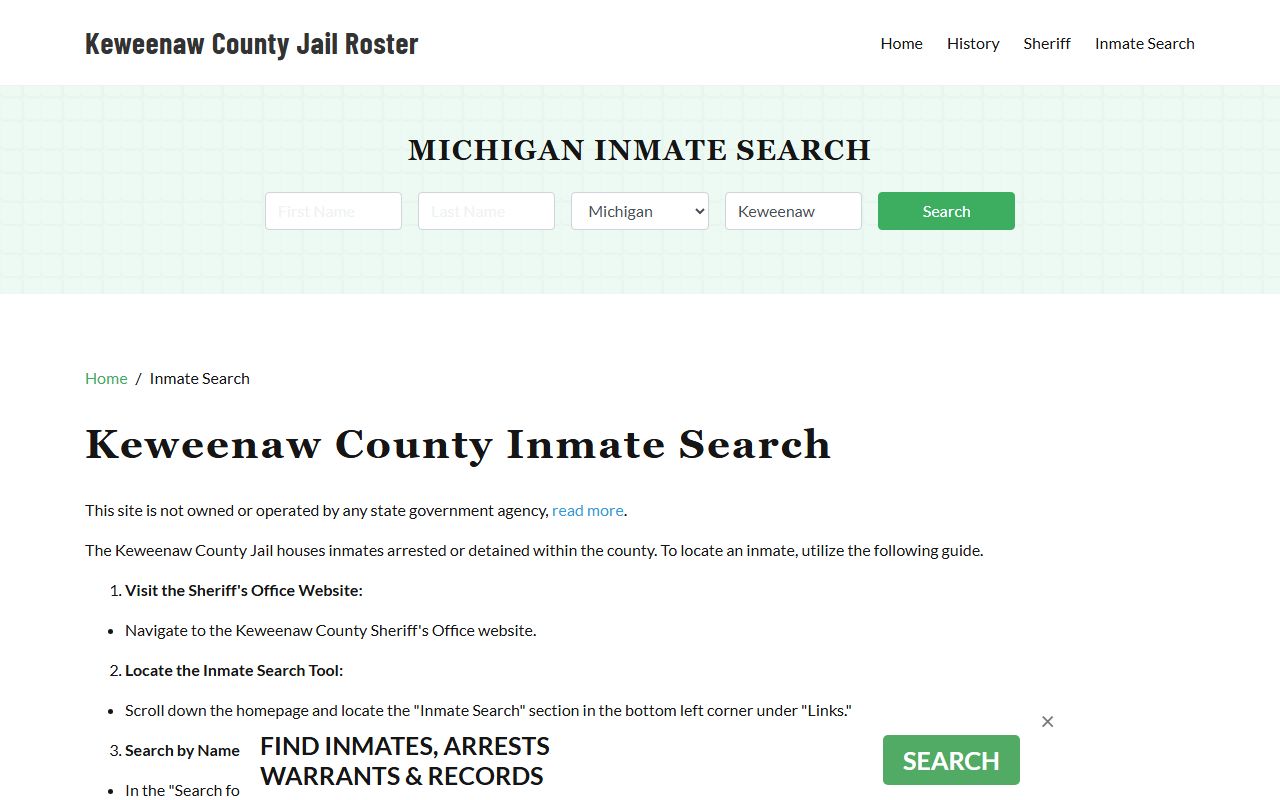 Keweenaw County Jail inmate search page for 24 hour booking lookups