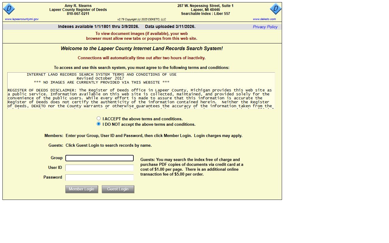 Lapeer County government website for 24 hour booking information