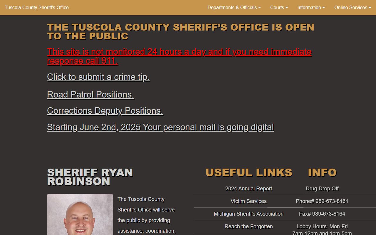 Tuscola County Sheriff website for 24 hour booking record searches