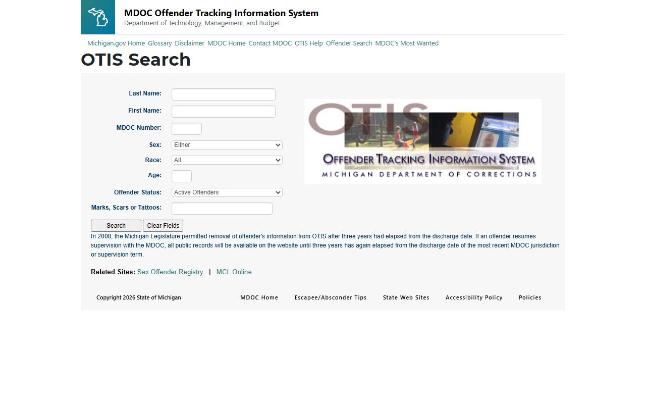 Michigan OTIS system showing offender tracking details for booking records