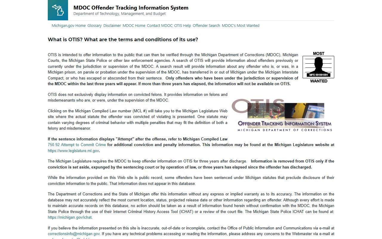 Michigan OTIS offender tracking system for 24 hour booking searches